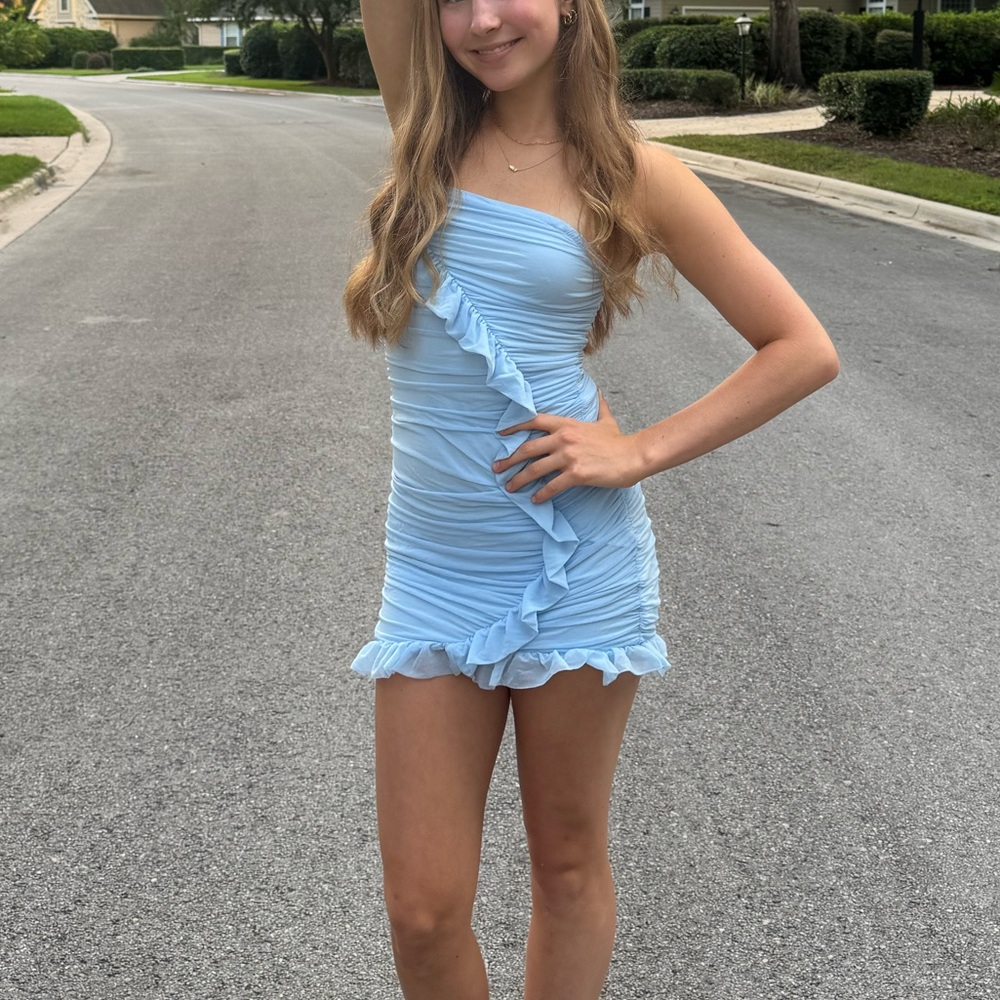 Light Blue Strapless  Ruffle Dress